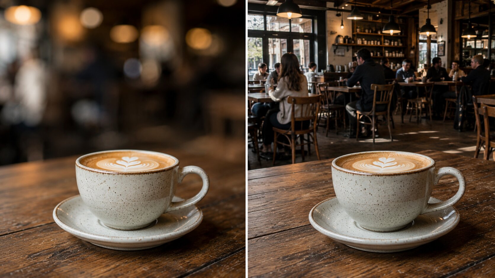 Vergleich Kaffeetasse: links nah an der Wand, rechts mit weitem Café-Hintergrund