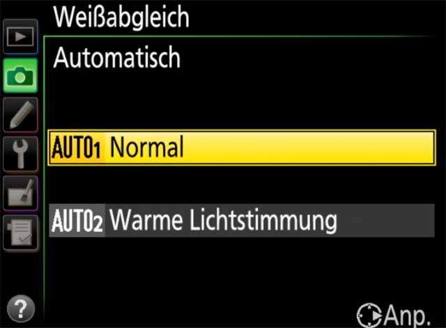 Weissabgleich auto Optionen