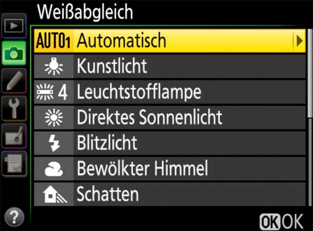 Weissabgleich Menü einstellen