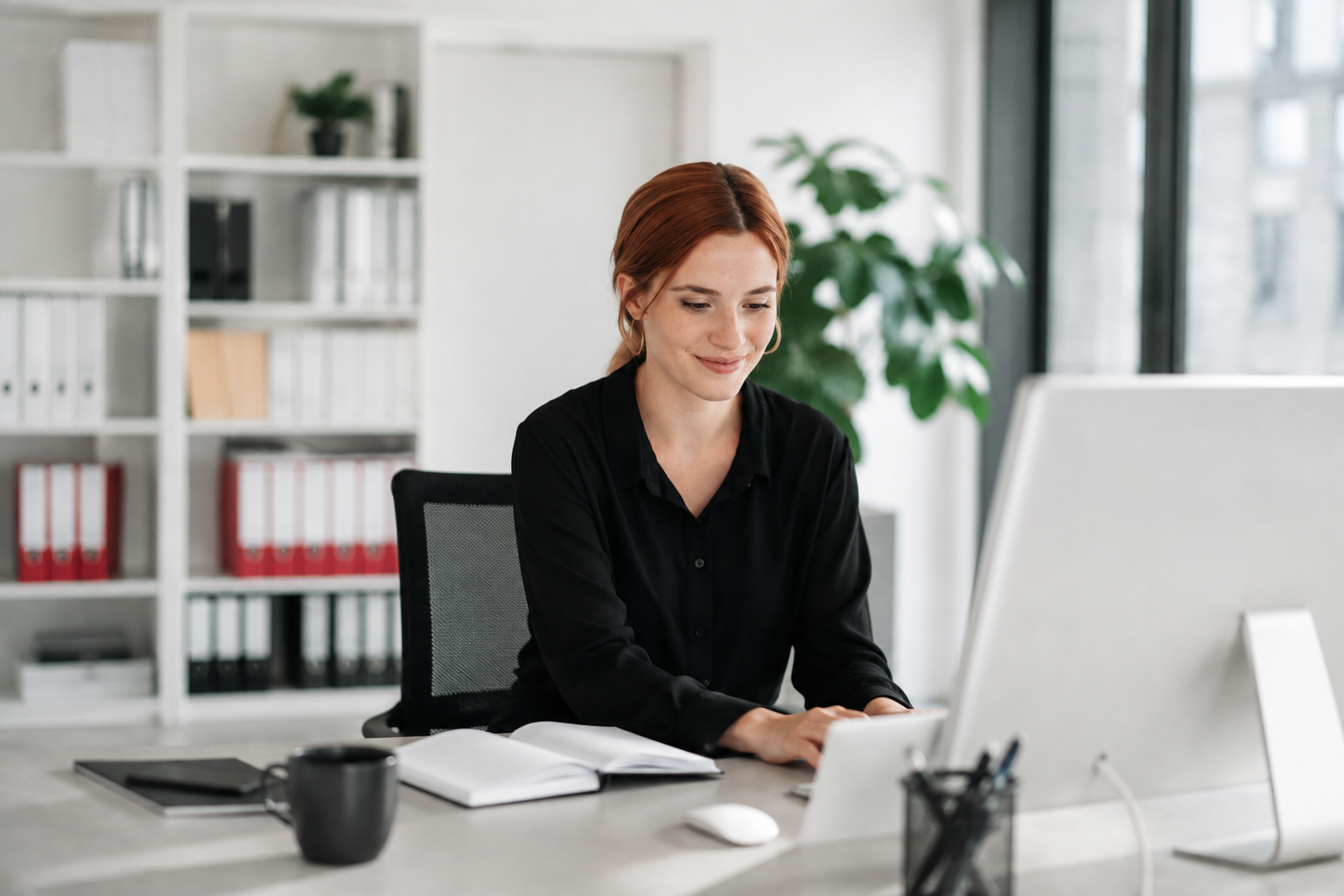 Unternehmerin am Schreibtisch im hellen Büro – Business-Porträt aus dem Fotokurs Einstieg in die Auftragsfotografie in München