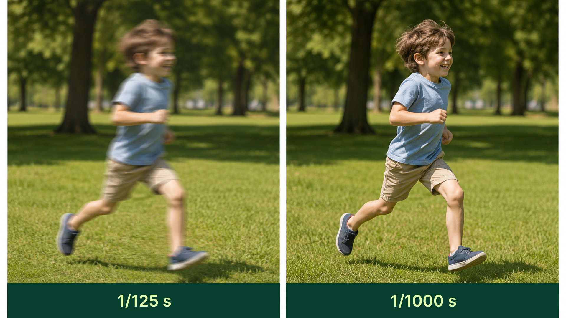 Vergleich eines laufenden Kindes mit 1/125 s und 1/1000 s.